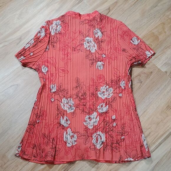 🔺️Laura Scott Coral Floral Print Crinkle Buttoned Blouse Large - Picture 2 of 12